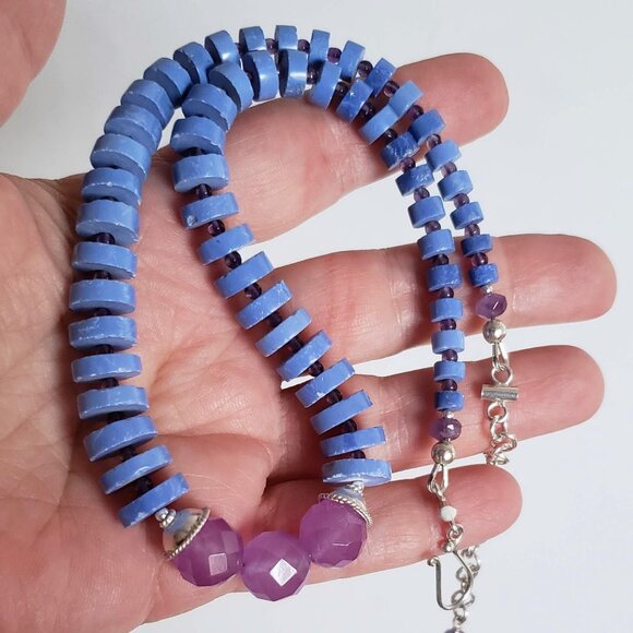 Sterling Silver MAGNESITE AMETHYST CHALCEDONY Necklace Heishi Choker Adjustable - Picture 9 of 16